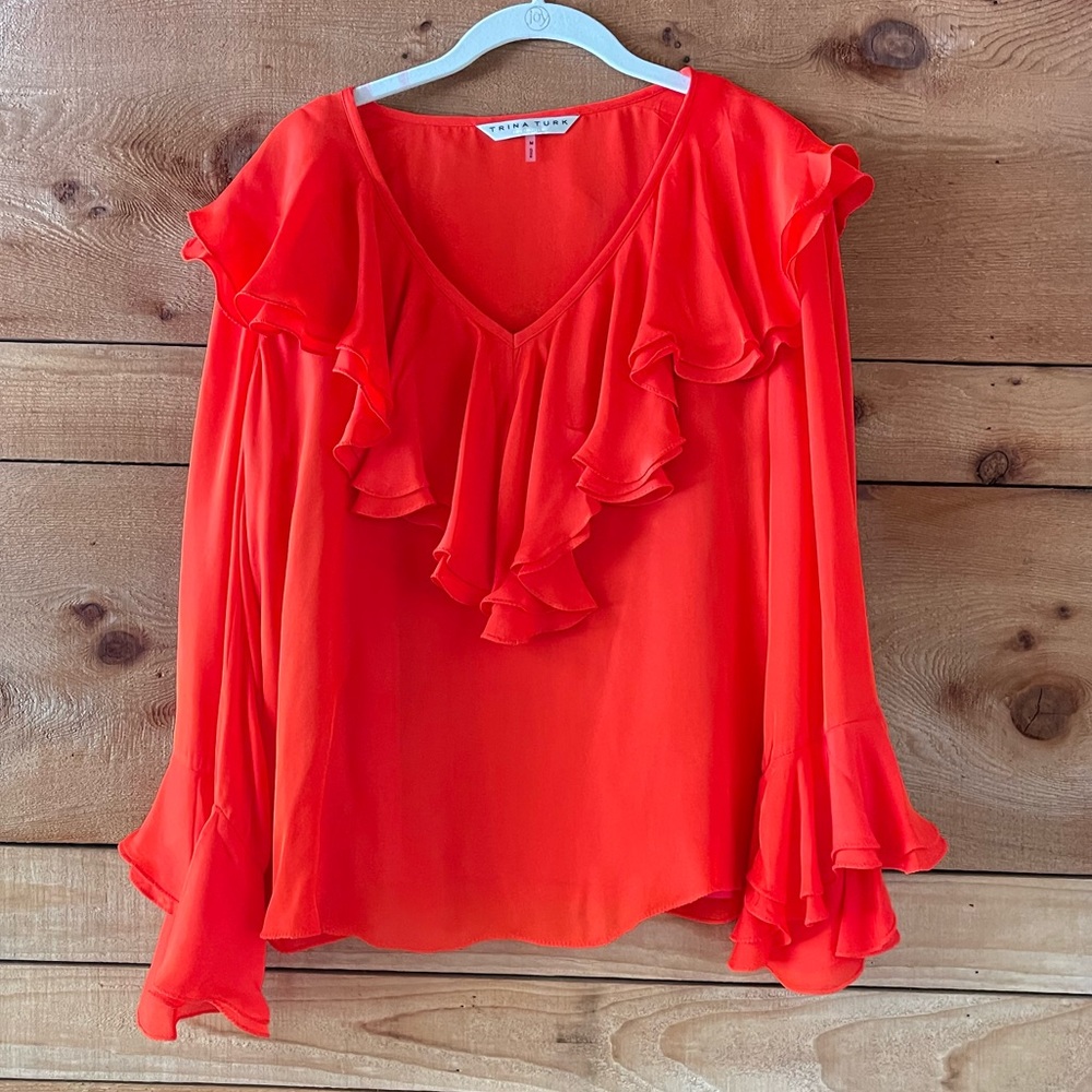 NWOT Trina Turk Ruffled Collar Orange Long Sleeve Top with Ruffle Cuff